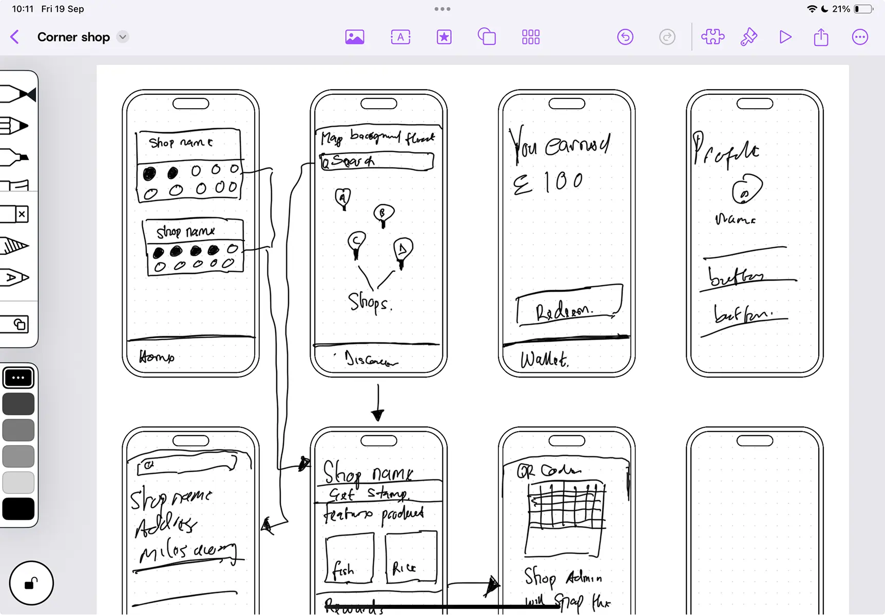 Hand-drawn wireframes showing the methodology and ideation process